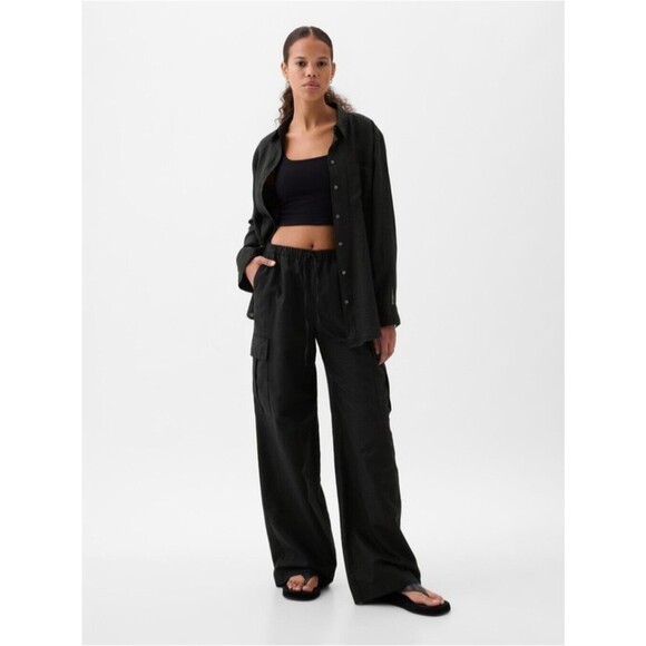 Gap Pants - New Gap Linen-Cotton Cargo Pull On Wide Leg Pants Size Large Petite Black NWT